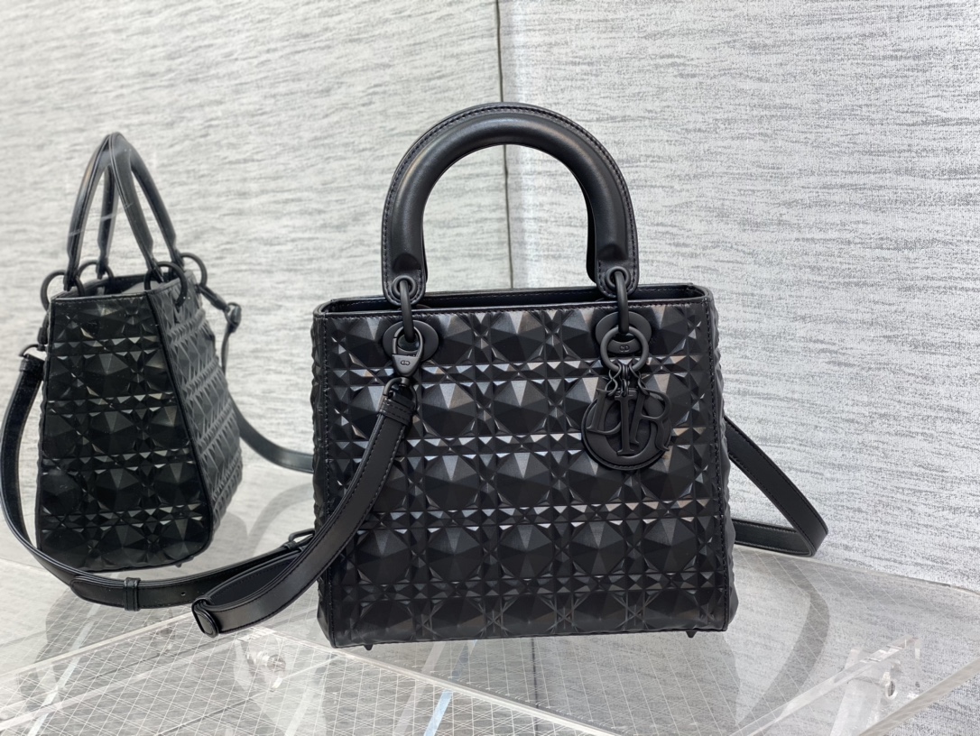 Medium Lady Dior Bag Black Cannage Calfskin with Diamond Motif